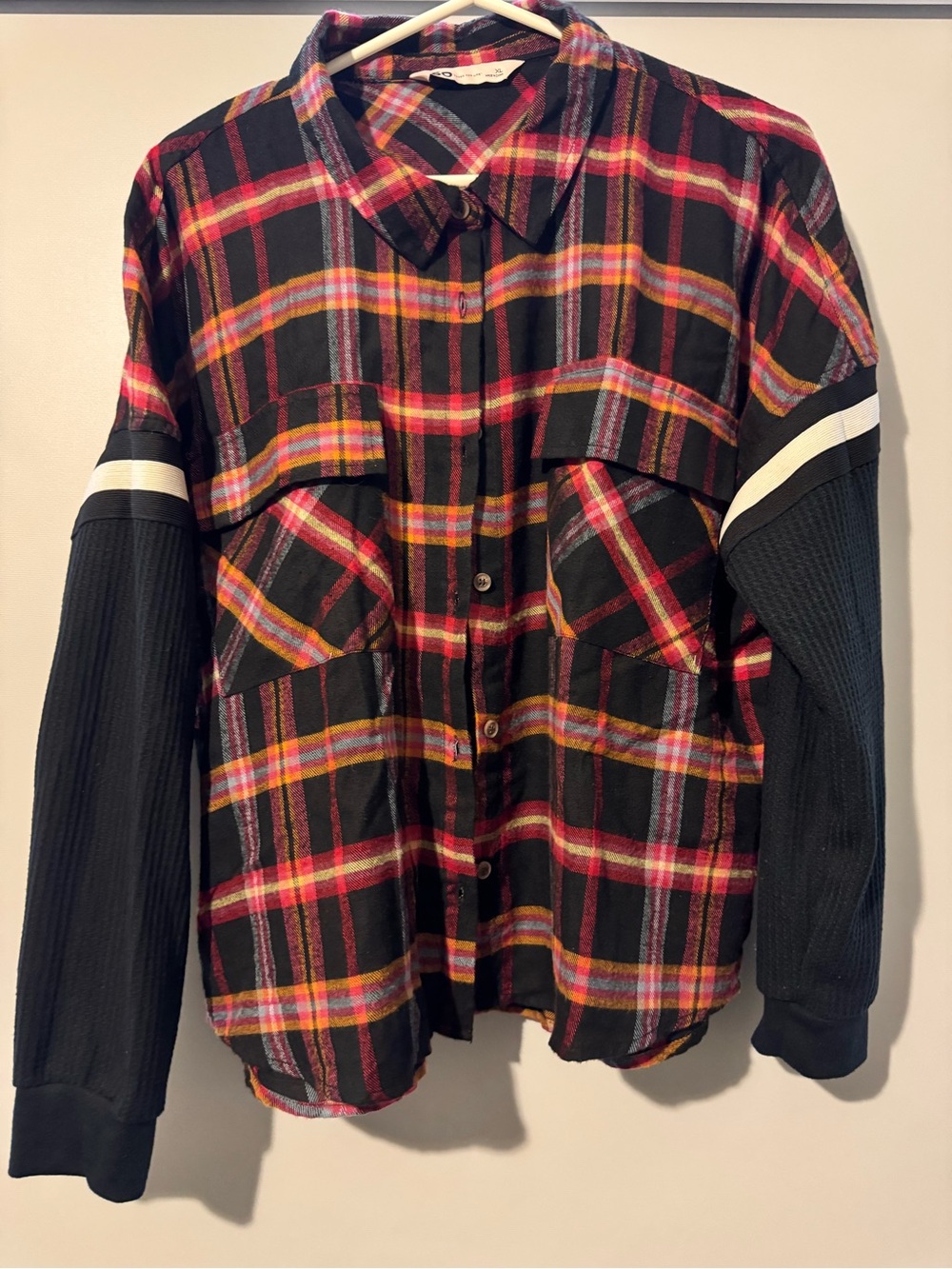 SO Black Plaid Button-Down Shirt with Red and Yellow Accents